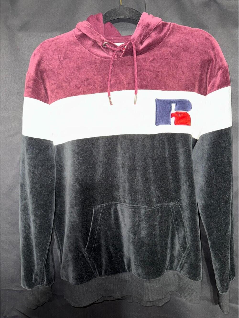 90’s Vintage Russell Athletic Velour Hoodie Size S Black Maroon White